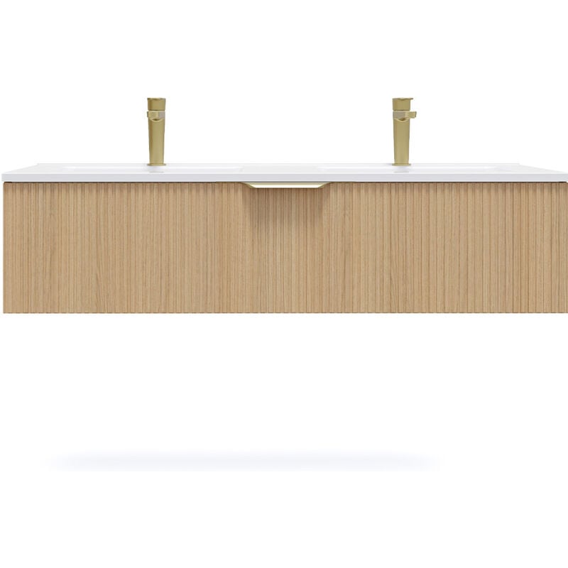 Homifab - Meuble de salle de bain suspendu double vasque intégrée 120cm 1 tiroir Chêne cannelé - Venice