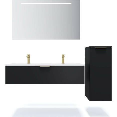 Meuble de salle de bain suspendu double vasque intégrée 120cm 1 tiroir Noir + miroir + colonne ouverture droite - Venice