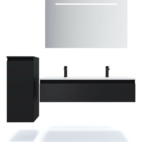 Meuble de salle de bain suspendu double vasque intégrée 120cm 1 tiroir Noir + miroir + colonne ouverture gauche - Hudson