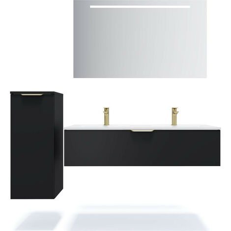 Meuble de salle de bain suspendu double vasque intégrée 120cm 1 tiroir Noir + miroir + colonne ouverture gauche - Venice