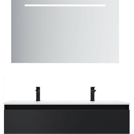 Meuble de salle de bain suspendu double vasque intégrée 120cm 1 tiroir Noir + miroir - Hudson