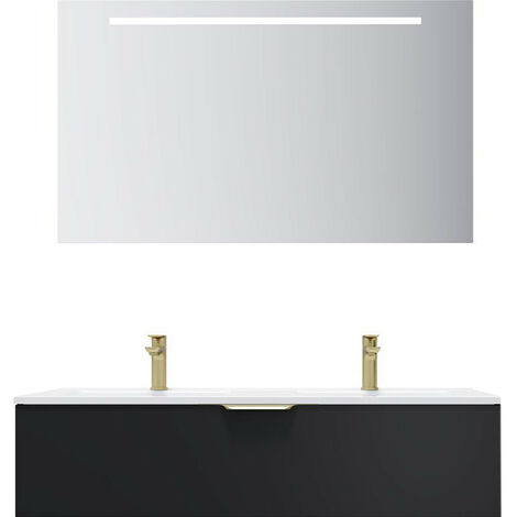 Meuble de salle de bain suspendu double vasque intégrée 120cm 1 tiroir Noir + miroir - Venice