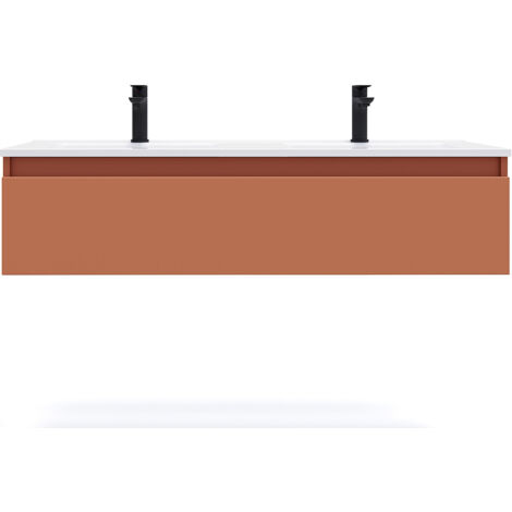 Meuble de salle de bain suspendu double vasque intégrée 120cm 1 tiroir Terracotta - Hudson