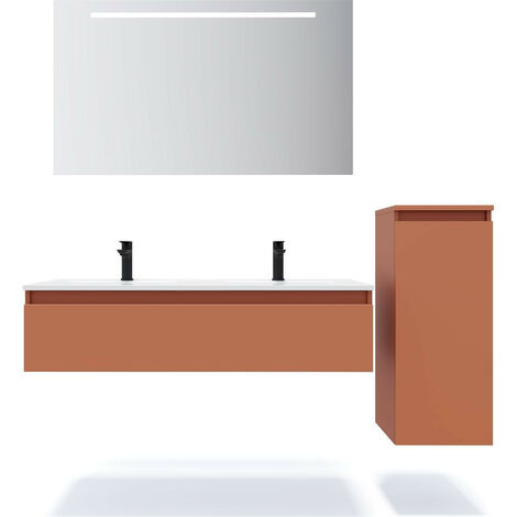 Meuble de salle de bain suspendu double vasque intégrée 120cm 1 tiroir Terracotta + miroir + colonne ouverture droite - Hudson