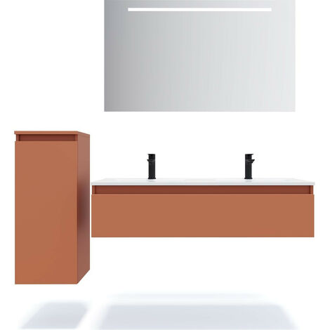 Meuble de salle de bain suspendu double vasque intégrée 120cm 1 tiroir Terracotta + miroir + colonne ouverture gauche - Hudson