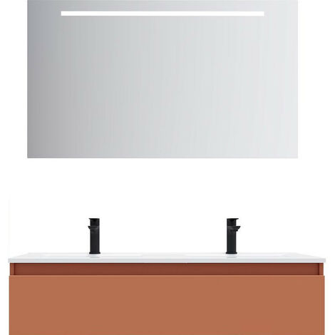 Meuble de salle de bain suspendu double vasque intégrée 120cm 1 tiroir Terracotta + miroir - Hudson