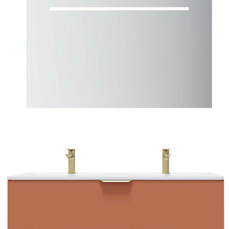 Meuble de salle de bain suspendu double vasque intégrée 120cm 1 tiroir Terracotta + miroir - Venice