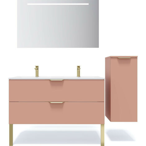 Meuble de salle de bain suspendu double vasque intégrée 120cm 2 tiroirs Abricot + miroir + colonne ouverture droite - Venice