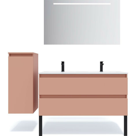 Meuble de salle de bain suspendu double vasque intégrée 120cm 2 tiroirs Abricot + miroir + colonne ouverture gauche - Hudson