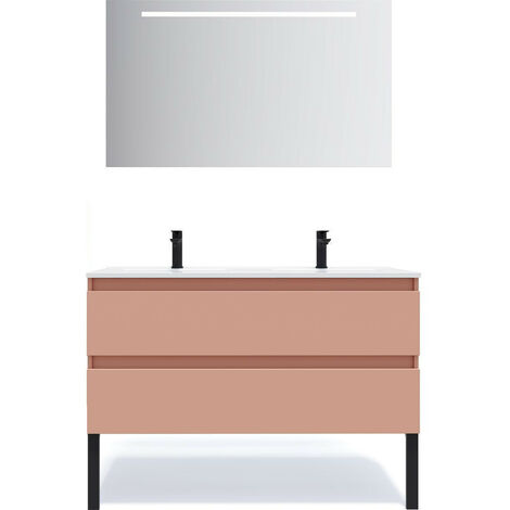 Meuble de salle de bain suspendu double vasque intégrée 120cm 2 tiroirs Abricot + miroir - Hudson