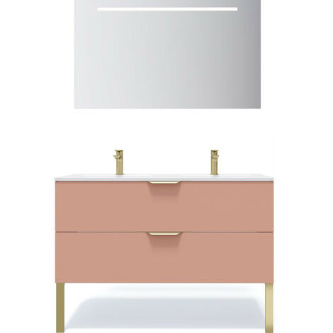 Meuble de salle de bain suspendu double vasque intégrée 120cm 2 tiroirs Abricot + miroir - Venice