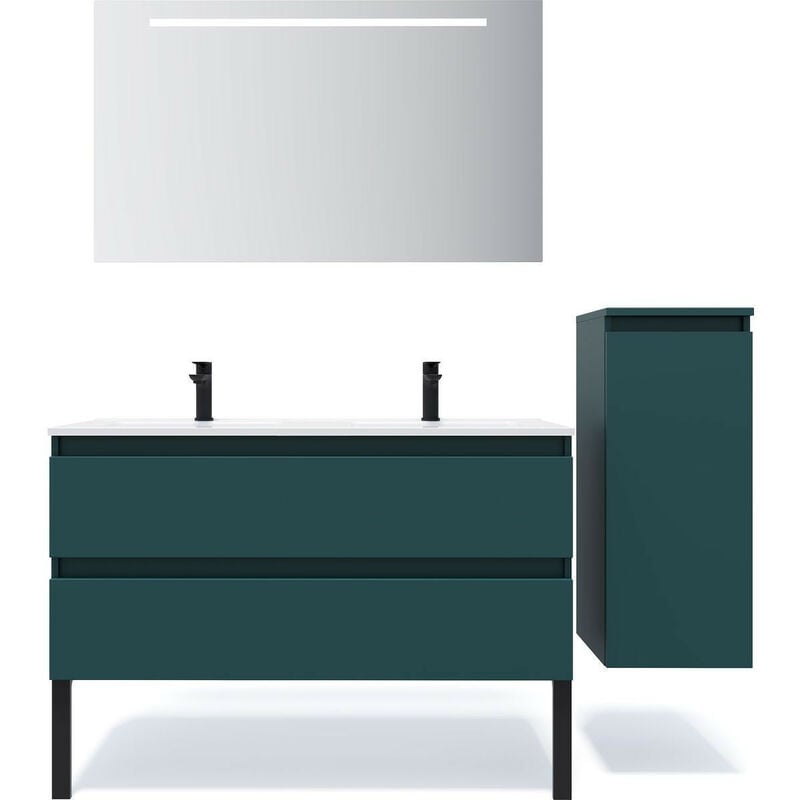 Homifab - Meuble de salle de bain suspendu double vasque intégrée 120cm 2 tiroirs Bleu + miroir + colonne ouverture droite - Hudson