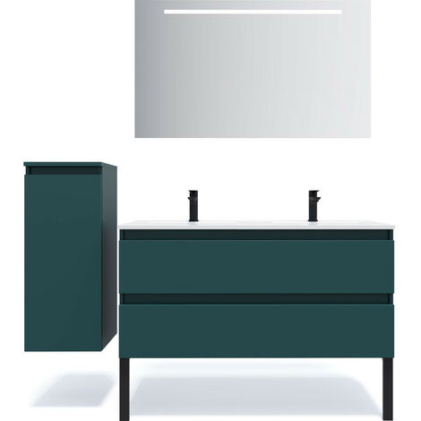 Meuble de salle de bain suspendu double vasque intégrée 120cm 2 tiroirs Bleu + miroir + colonne ouverture gauche - Hudson