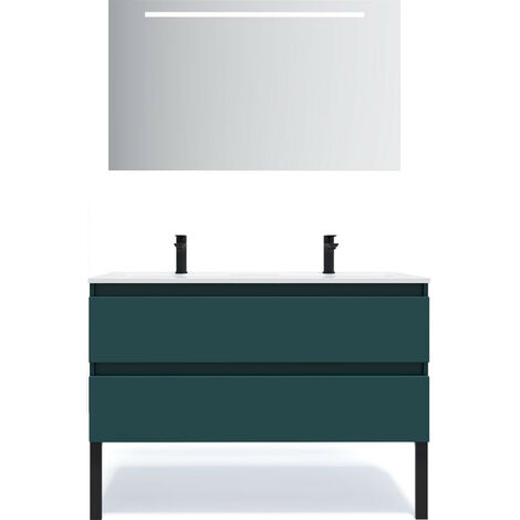 Meuble de salle de bain suspendu double vasque intégrée 120cm 2 tiroirs Bleu + miroir - Hudson