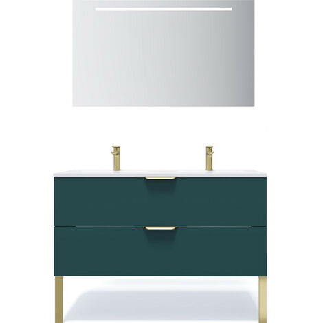 Meuble de salle de bain suspendu double vasque intégrée 120cm 2 tiroirs Bleu + miroir - Venice