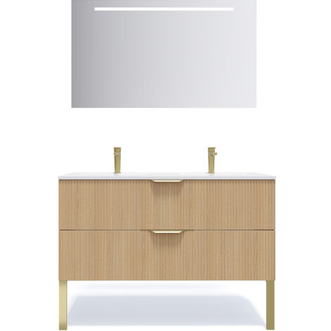 Meuble de salle de bain suspendu double vasque intégrée 120cm 2 tiroirs Chêne cannelé + miroir - Venice