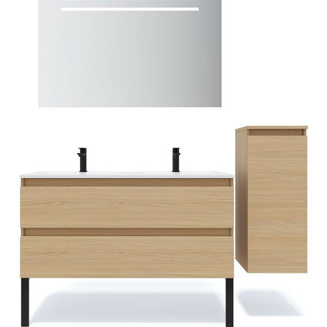 Meuble de salle de bain suspendu double vasque intégrée 120cm 2 tiroirs Chêne clair + miroir + colonne ouverture droite - Hudson