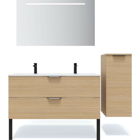 Meuble de salle de bain suspendu double vasque intégrée 120cm 2 tiroirs Chêne clair + miroir + colonne ouverture droite - Venice
