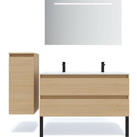 Meuble de salle de bain suspendu double vasque intégrée 120cm 2 tiroirs Chêne clair + miroir + colonne ouverture gauche - Hudson
