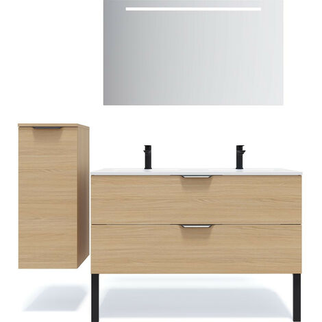 Meuble de salle de bain suspendu double vasque intégrée 120cm 2 tiroirs Chêne clair + miroir + colonne ouverture gauche - Venice