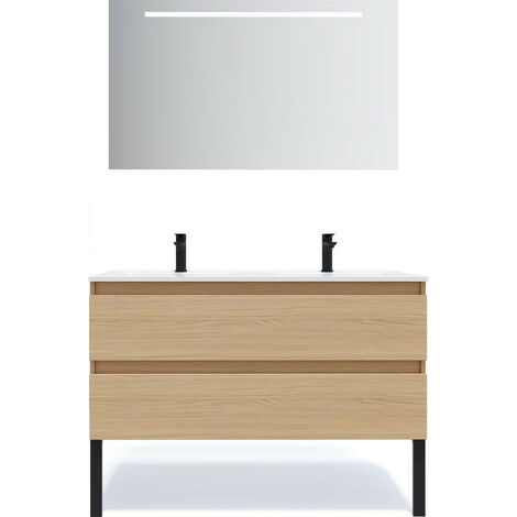 Meuble de salle de bain suspendu double vasque intégrée 120cm 2 tiroirs Chêne clair + miroir - Hudson