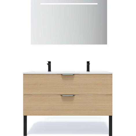 Meuble de salle de bain suspendu double vasque intégrée 120cm 2 tiroirs Chêne clair + miroir - Venice