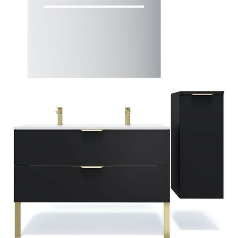 Meuble de salle de bain suspendu double vasque intégrée 120cm 2 tiroirs Noir + miroir + colonne ouverture droite - Venice