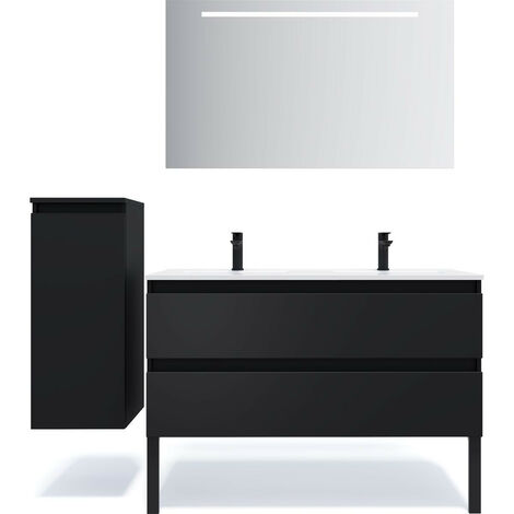 Meuble de salle de bain suspendu double vasque intégrée 120cm 2 tiroirs Noir + miroir + colonne ouverture gauche - Hudson