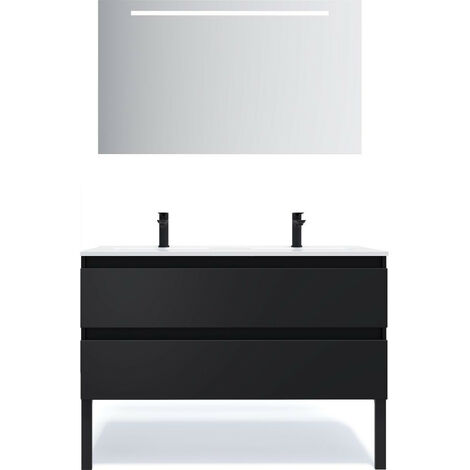 Meuble de salle de bain suspendu double vasque intégrée 120cm 2 tiroirs Noir + miroir - Hudson