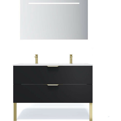 Meuble de salle de bain suspendu double vasque intégrée 120cm 2 tiroirs Noir + miroir - Venice