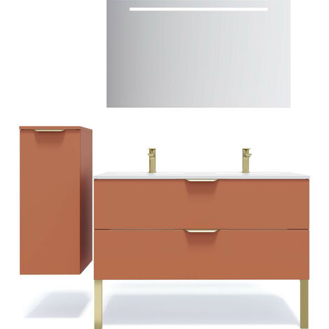 Meuble de salle de bain suspendu double vasque intégrée 120cm 2 tiroirs Terracotta + miroir + colonne ouverture gauche - Venice