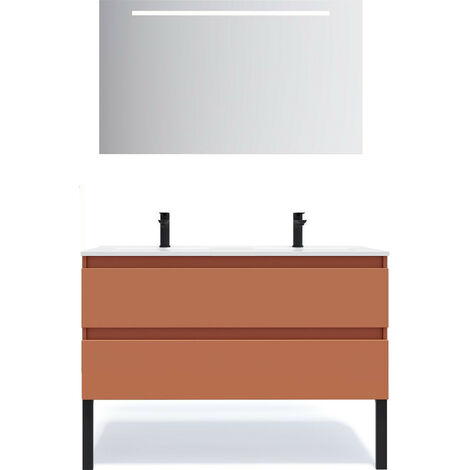 Meuble de salle de bain suspendu double vasque intégrée 120cm 2 tiroirs Terracotta + miroir - Hudson