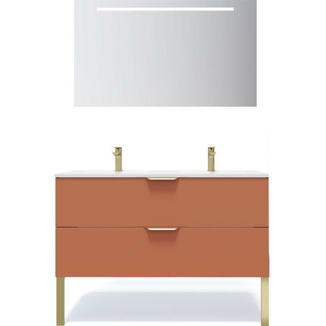 Meuble de salle de bain suspendu double vasque intégrée 120cm 2 tiroirs Terracotta + miroir - Venice
