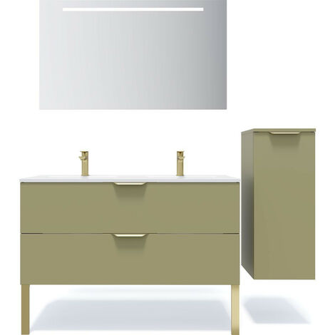 Meuble de salle de bain suspendu double vasque intégrée 120cm 2 tiroirs Vert olive + miroir + colonne ouverture droite - Venice