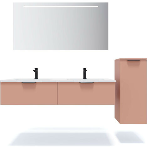 Meuble de salle de bain suspendu double vasque intégrée 140cm 2 tiroirs Abricot + miroir + colonne ouverture droite - Soho