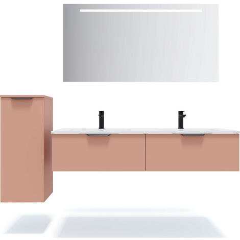 Meuble de salle de bain suspendu double vasque intégrée 140cm 2 tiroirs Abricot + miroir + colonne ouverture gauche - Soho