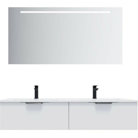 Meuble de salle de bain suspendu double vasque intégrée 140cm 2 tiroirs Blanc + miroir - Soho