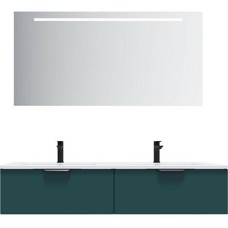 Meuble de salle de bain suspendu double vasque intégrée 140cm 2 tiroirs Bleu + miroir - Soho