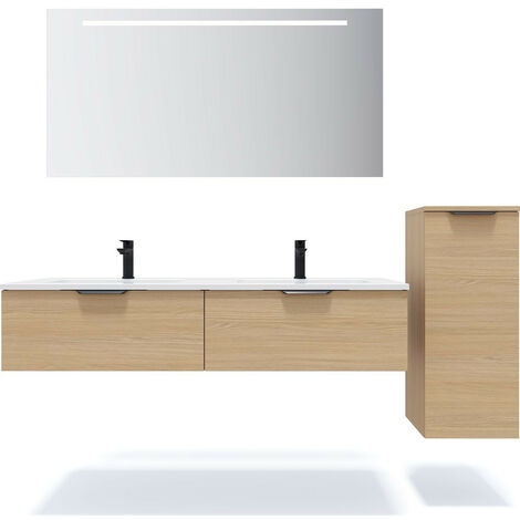 Meuble de salle de bain suspendu double vasque intégrée 140cm 2 tiroirs Chêne clair + miroir + colonne ouverture droite - Soho