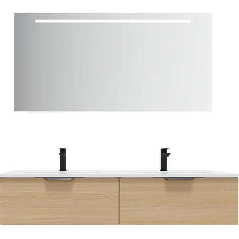 Meuble de salle de bain suspendu double vasque intégrée 140cm 2 tiroirs Chêne clair + miroir - Soho