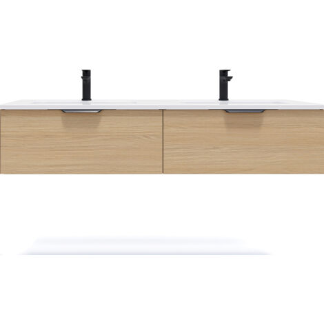 Meuble de salle de bain suspendu double vasque intégrée 140cm 2 tiroirs Chêne clair - Soho