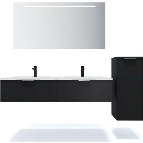 Meuble de salle de bain suspendu double vasque intégrée 140cm 2 tiroirs Noir + miroir + colonne ouverture droite - Soho