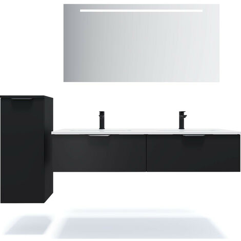 Meuble de salle de bain suspendu double vasque intégrée 140cm 2 tiroirs Noir + miroir + colonne ouverture gauche - Soho