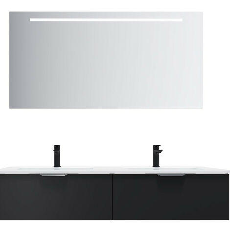 Meuble de salle de bain suspendu double vasque intégrée 140cm 2 tiroirs Noir + miroir - Soho