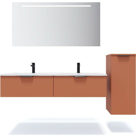 Meuble de salle de bain suspendu double vasque intégrée 140cm 2 tiroirs Terracotta + miroir + colonne ouverture droite - Soho