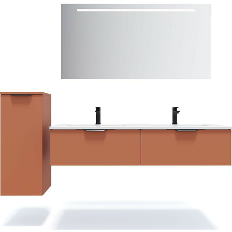 Meuble de salle de bain suspendu double vasque intégrée 140cm 2 tiroirs Terracotta + miroir + colonne ouverture gauche - Soho