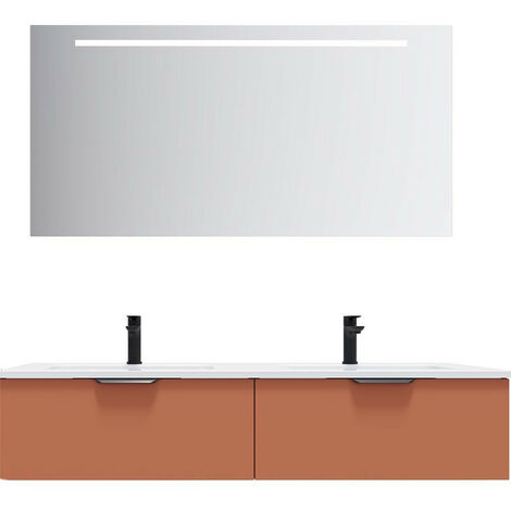 Meuble de salle de bain suspendu double vasque intégrée 140cm 2 tiroirs Terracotta + miroir - Soho