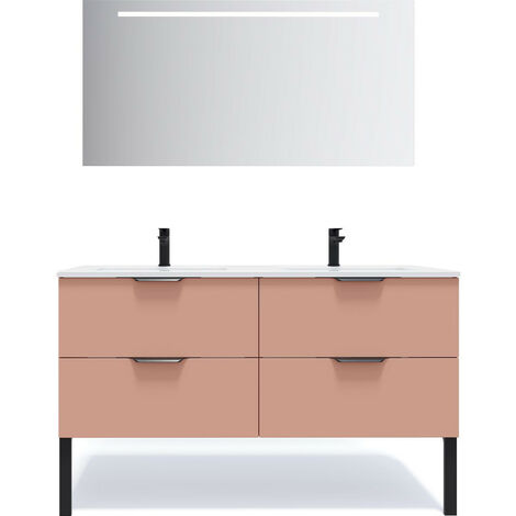Meuble de salle de bain suspendu double vasque intégrée 140cm 4 tiroirs Abricot + miroir - Soho