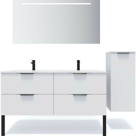 Meuble de salle de bain suspendu double vasque intégrée 140cm 4 tiroirs Blanc + miroir + colonne ouverture droite - Soho