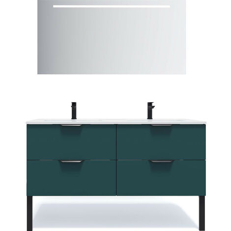 Meuble de salle de bain suspendu double vasque intégrée 140cm 4 tiroirs Bleu + miroir - Soho